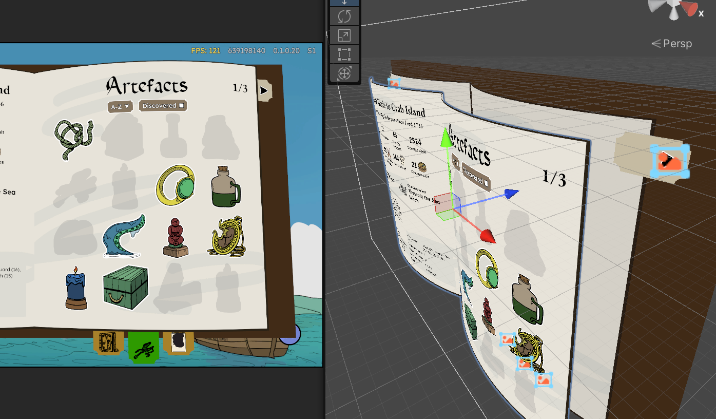 The Ship Log 3D book, shown in the Unity editor's curved page mesh view